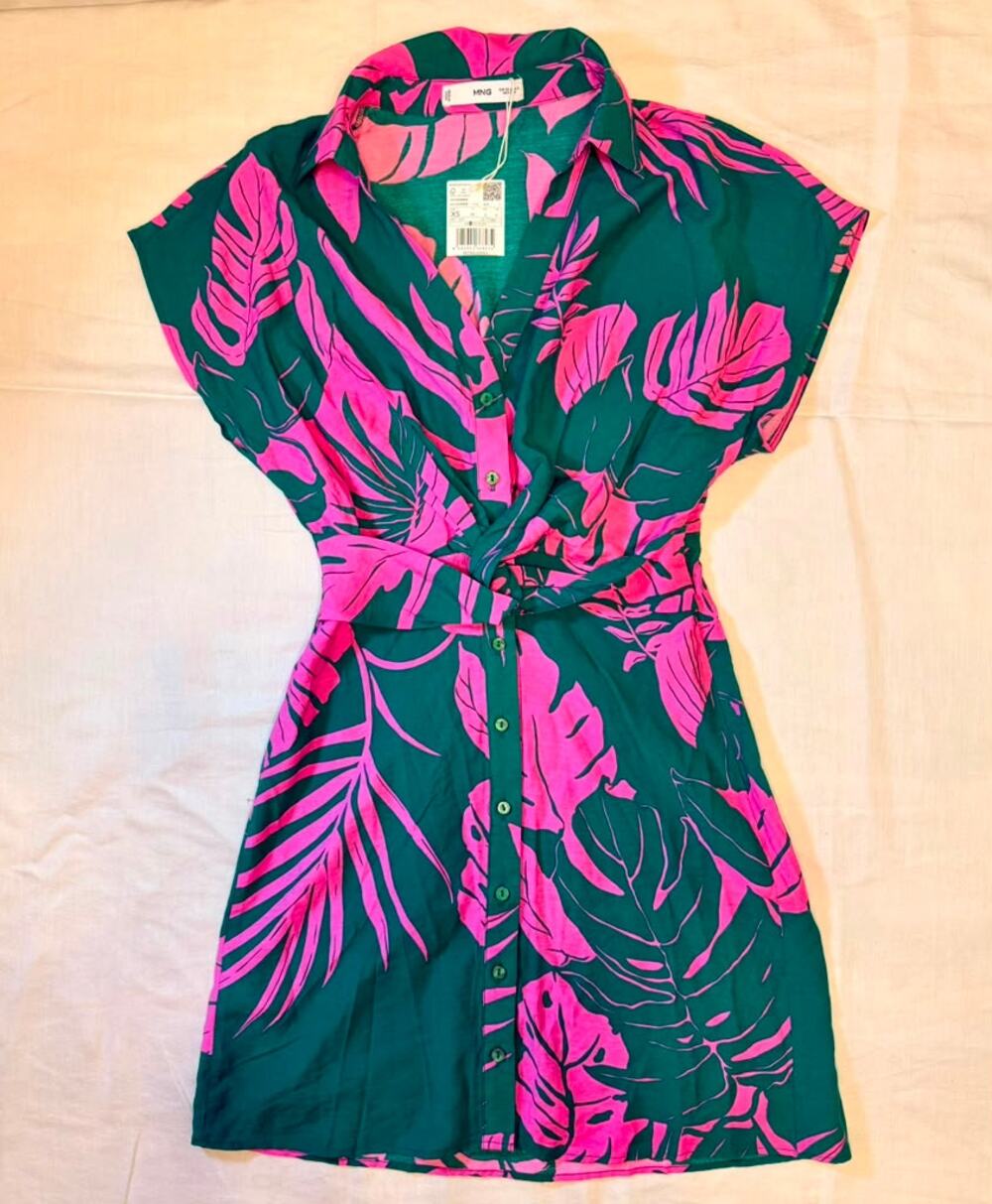 NWT Mango Mila Tropical Print Knot Detail Shirt Mini Dress Pink Green SZ 2